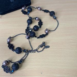 Lia Sophia black metal flower lace faux smoky pearl long necklace with adjuster